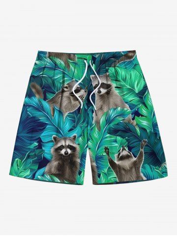 Plus Size Tropical Leaf Little Raccoon Print Hawaii Beach Shorts For Men - GREEN - 8XL