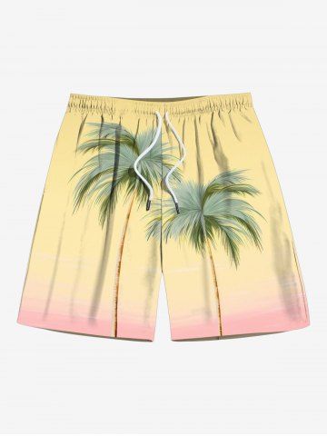 Plus Size Coconut Tree Ombre Print Hawaii Beach Shorts For Men - YELLOW - 8XL