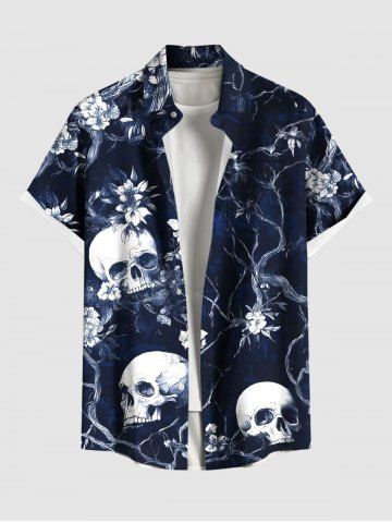 Plus Size Skull Tree Flower Print Hawaii Button Pocket Shirt For Men - BLUE - 4XL