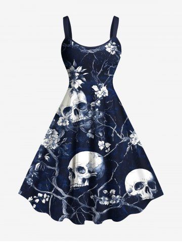 Plus Size Skull Tree Flower Print Hawaii A Line Tank Dress - DEEP BLUE - L