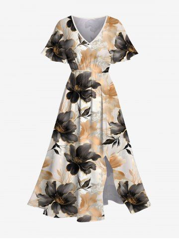 Plus Size Ombre Flower Print Hawaii Pocket Split A Line Midi Dress - LIGHT COFFEE - XXS