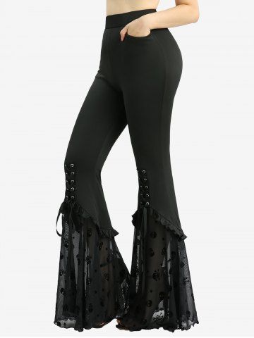 Skull Stars Flocking Lace Up Pocket Patchwork Flare Pants - BLACK - S