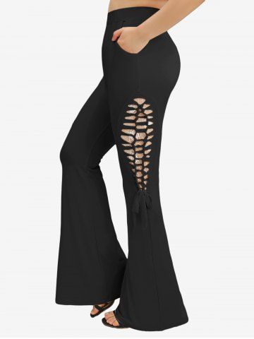 Plus Size Rose Flower Lace Braided Hollow Out Pockets Flare Pants - BLACK - 3X | US 22-24