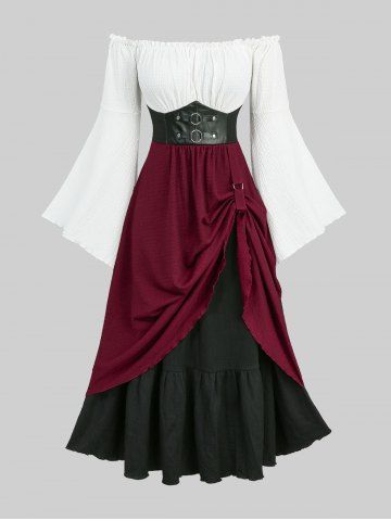 Plus Size Ruffles Ruched PU Corset Waist Off The Shoulder Flare Sleeves Dress - WHITE - 5X | US 30-32