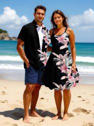 Flowers Leaf Tropical Print Plus Size Matching Hawaii Beach Outfit For Couples -  