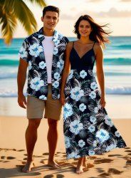 Hibiscus Flower Leaf Tropical Print Plus Size Matching Hawaii Beach Outfit For Couples -  