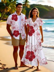Tenue de plage hawaïenne assortie grande taille à imprimé floral d'hibiscus texturé pour couples - Rouge 