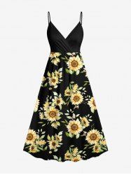 Robe camisole trapèze à imprimé feuilles de tournesol grande taille, style hawaïen - Noir 6X