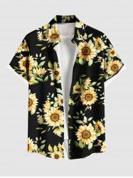 Plus Size Sunflower Leaf Print Hawaii Button Pocket Shirt For Men -  