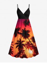 Plus Size Coconut Tree Dip Dye Ombre Sunset Print Hawaii Surplice A Line Cami Dress -  