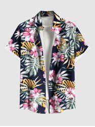 Plus Size Tropical Leaf Hibiscus Flower Print Hawaii Button Pocket Shirt For Men -  