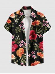 Plus Size Tropical Leaf Hibiscus Flower Print Hawaii Button Pocket Shirt For Men -  