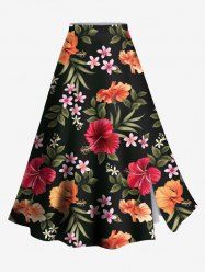Jupe trapèze fendue hawaïenne grande taille à imprimé feuilles tropicales et fleurs d'hibiscus - Noir 3X