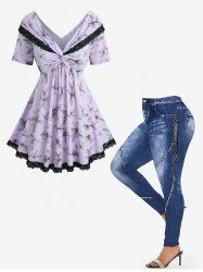 Flower Print Twist Convertible Collar Top and 3D Denim Lace Up Graphic Leggings Plus Size Outfit -  