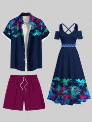 Tropical Leaf Print Plus Size Matching Hawaii Beach Outfit For Couples -  