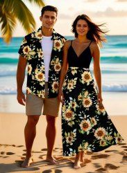 Sunflower Leaf Print Plus Size Matching Hawaii Beach Outfit For Couples -  