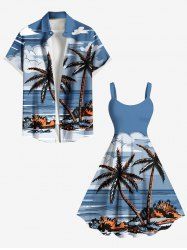 Tenue de plage hawaïenne assortie grande taille à imprimé cocotiers et nuages, idéale pour les couples - Bleu clair 