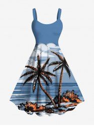 Robe débardeur hawaïenne grande taille à imprimé cocotiers, nuages et paysage marin - Bleu clair L