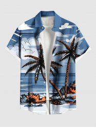 Chemise hawaïenne grande taille à imprimé cocotiers, nuages et paysage marin, boutons et poches pour homme - Bleu M