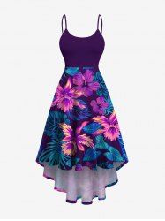 Plus Size Hibiscus Flower Tropical Leaf Print High Low Hawaii Cami Dress -  