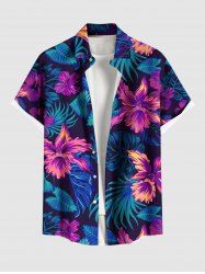 Chemise hawaïenne grande taille à imprimé feuilles tropicales et fleurs d'hibiscus, avec poches et boutons, pour homme - Pourpre  L