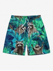 Plus Size Tropical Leaf Little Raccoon Print Hawaii Beach Shorts For Men -  