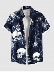Chemise hawaïenne grande taille à imprimé tête de mort, arbre et fleurs, avec poches boutonnées pour homme - Bleu 4XL
