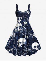 Robe débardeur hawaïenne trapèze grande taille à imprimé tête de mort, arbre et fleurs - Bleu profond XXS