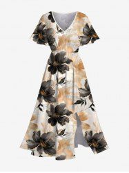 Robe mi-longue hawaïenne grande taille à imprimé floral ombré et poches fendues - café lumière XS