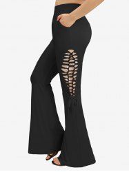 Plus Size Rose Flower Lace Braided Hollow Out Pockets Flare Pants - Noir 4X | US 26-28