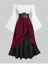 Plus Size Medieval Renaissance Off The Shoulder Flare Sleeves Dress - Pirate Wench Tavern Maid Costume -  
