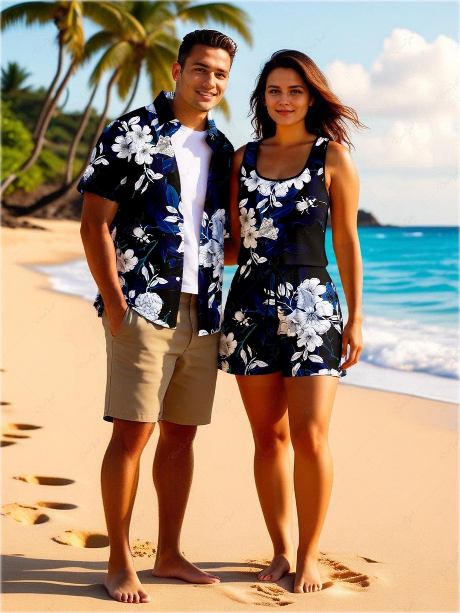 Ensemble chemise et barboteuse hawaïennes assorties, tenue de plage grande taille, imprimé fleurs d'hibiscus ombré, branches et feuilles, pour couples Bleu de Minuit 