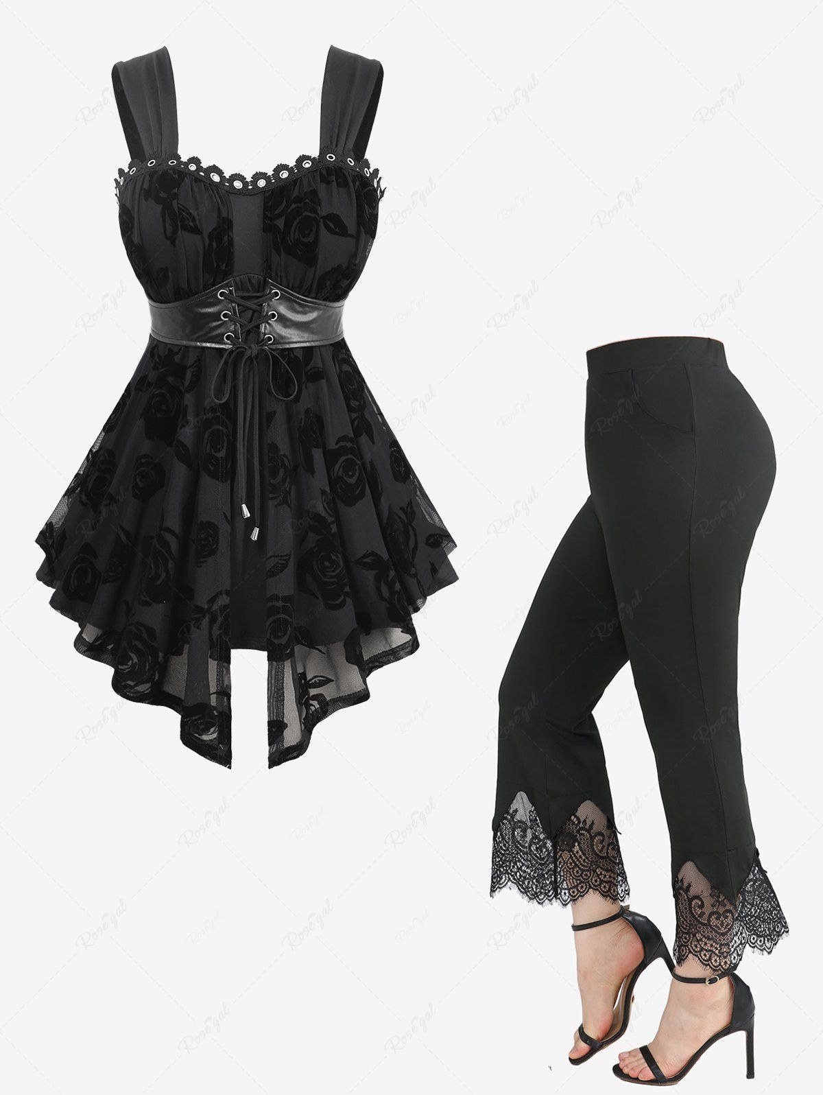 Sale Rose Flocking Mesh Lace Up Tank Top and Scalloped Tassel Flare Pants Plus Size Outfit  