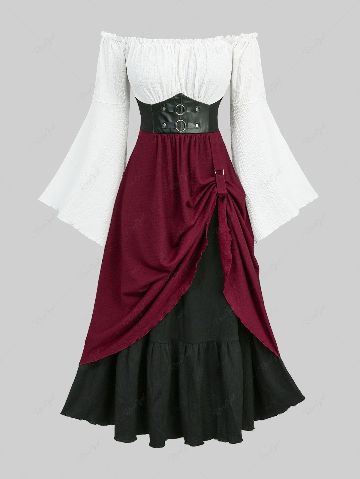 Robe grande taille médiévale Renaissance en PU, corset à la taille, épaules dénudées et manches évasées Blanc L | US 12