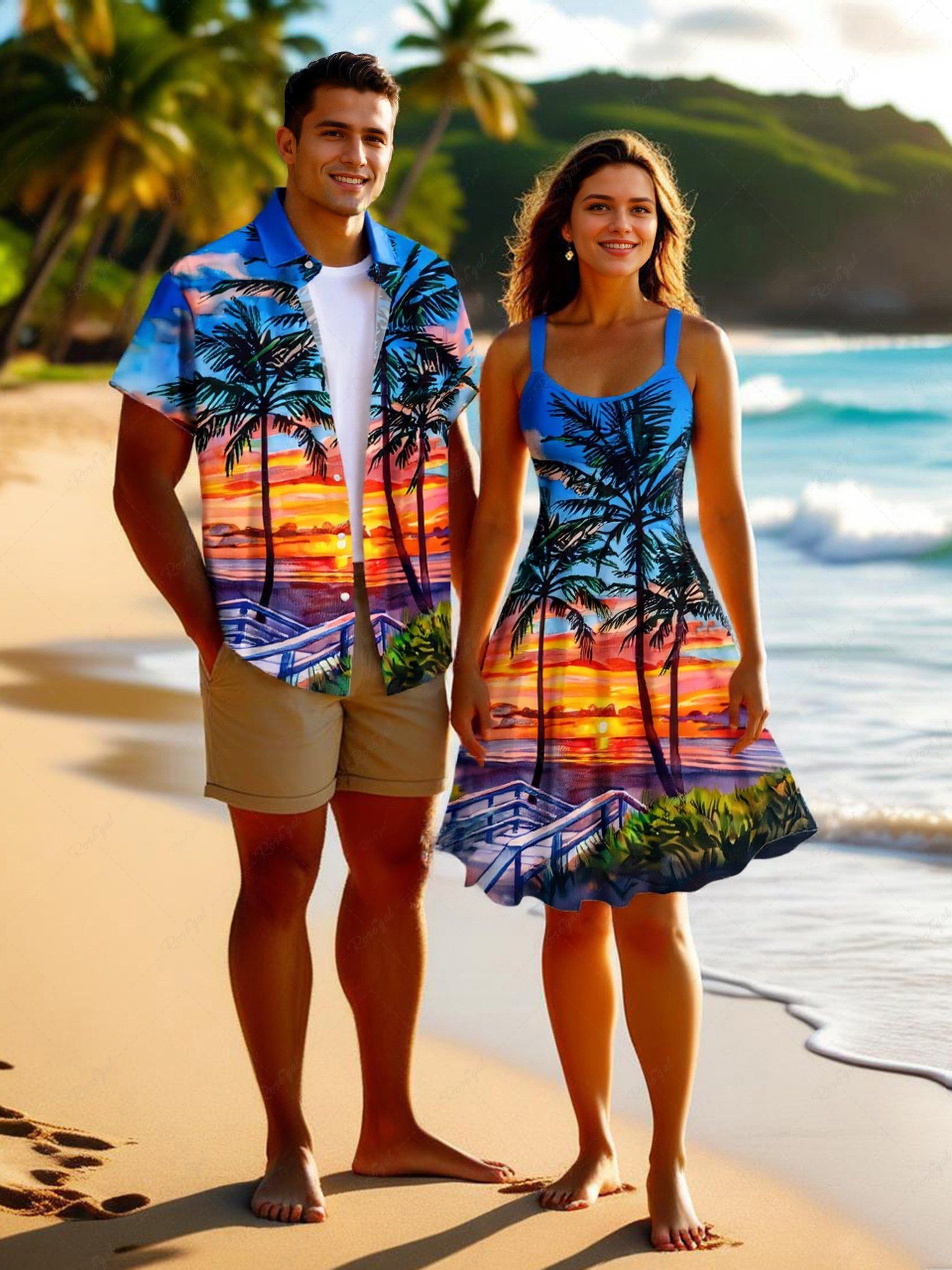 Tenue de plage hawaïenne assortie grande taille avec imprimé cocotiers, ciel et nuages colorés, pour couples Bleu 