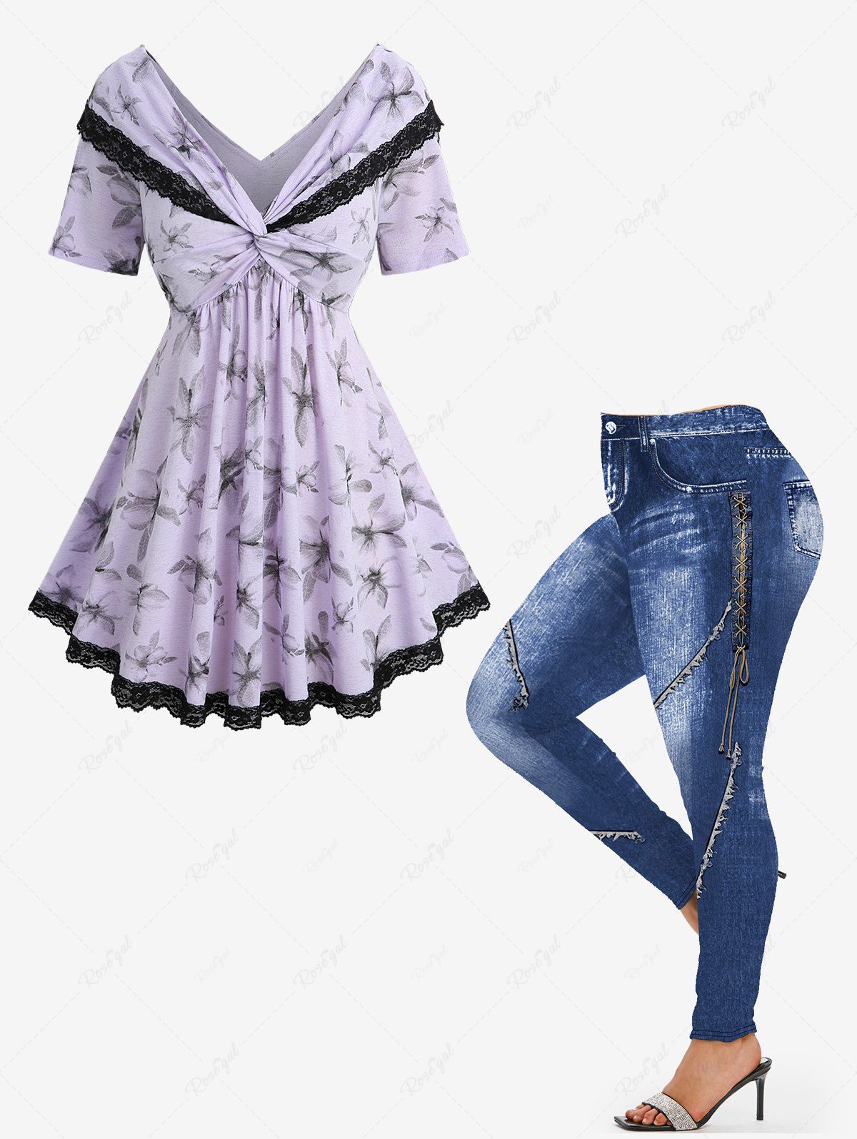 Outfits Flower Print Twist Convertible Collar Top and 3D Denim Lace Up Graphic Leggings Plus Size Outfit  