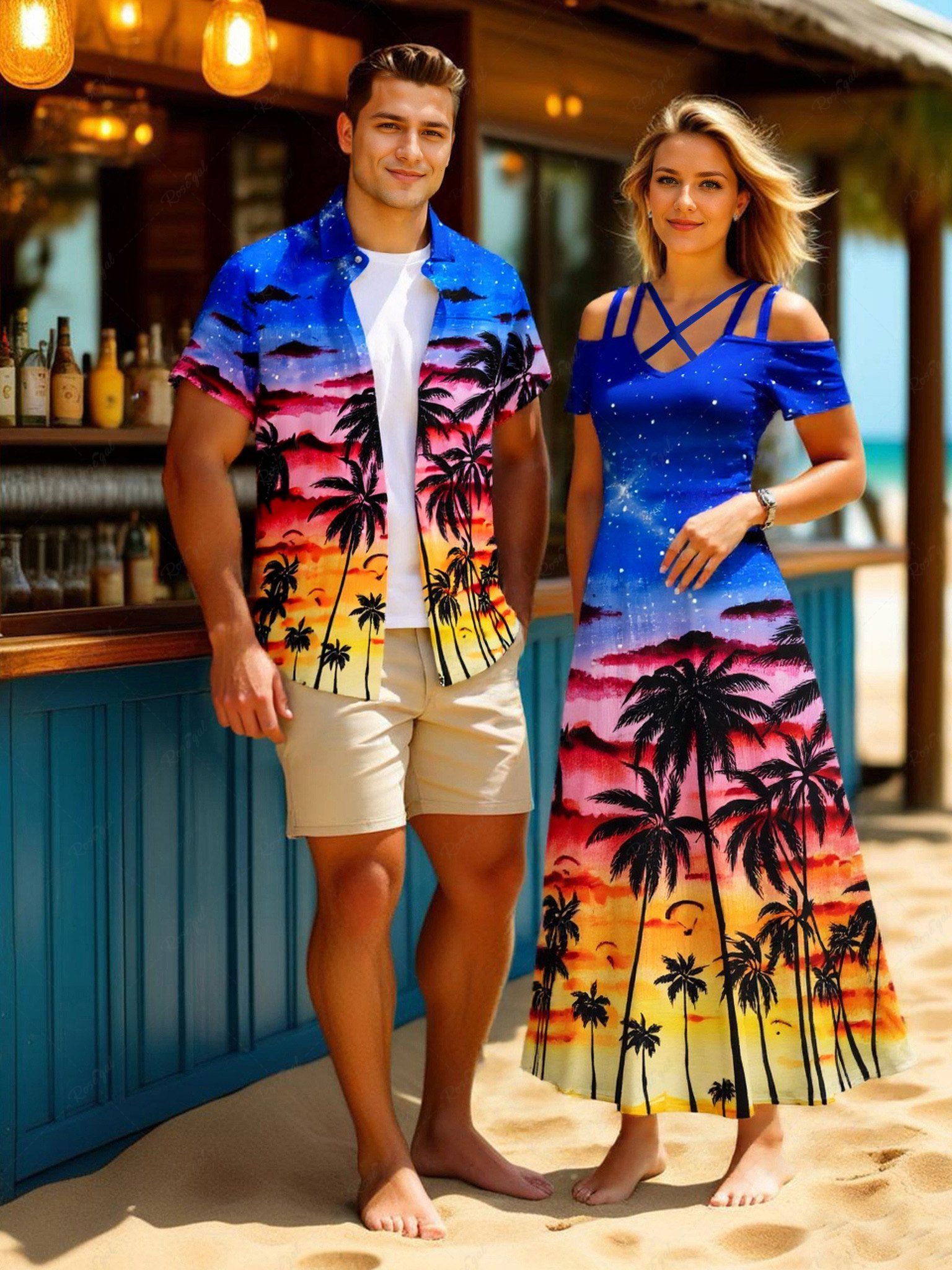 Tenue de plage hawaïenne assortie grande taille à imprimé nuage et cocotiers, idéale pour les couples Bleu Ciel 