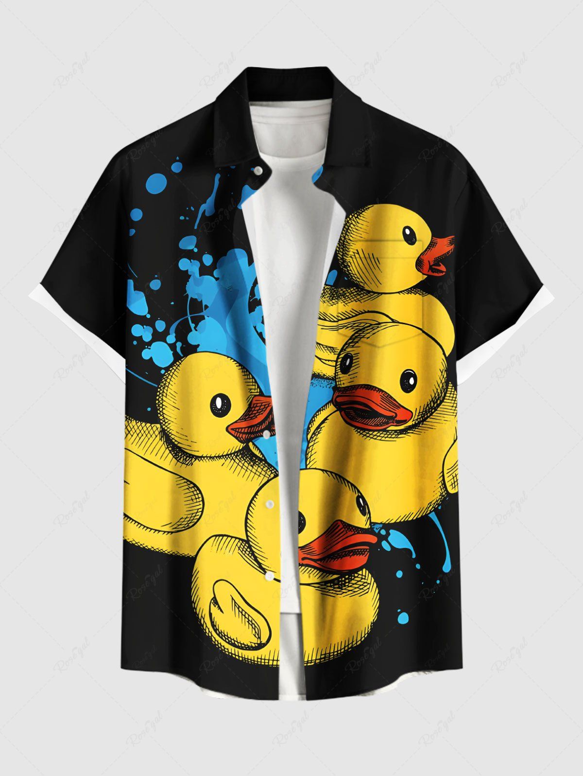 Chemise hawaïenne grande taille à imprimé canard mignon et poches boutonnées pour homme Noir 6XL
