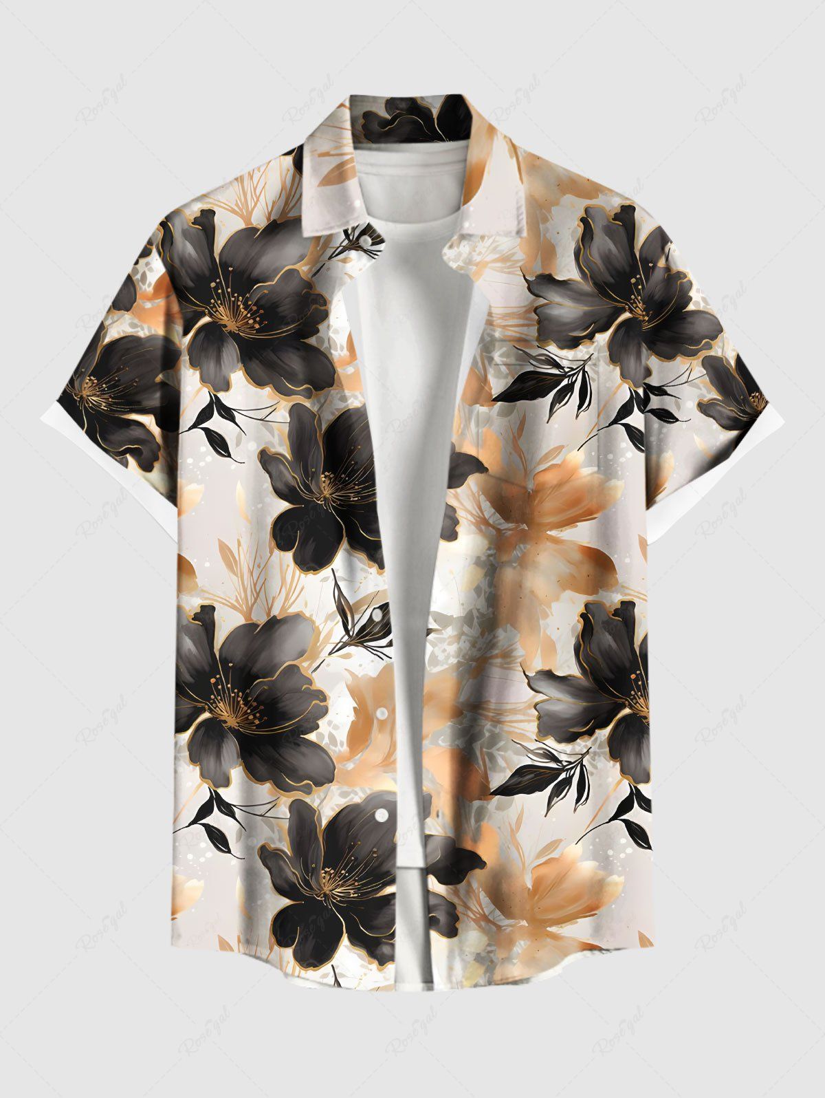 Chemise hawaïenne grande taille à imprimé floral ombré et poches boutonnées pour homme café lumière 6XL