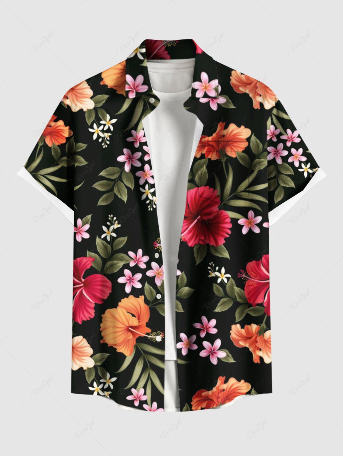 Shop Plus Size Tropical Leaf Hibiscus Flower Print Hawaii Button Pocket Shirt For Men  