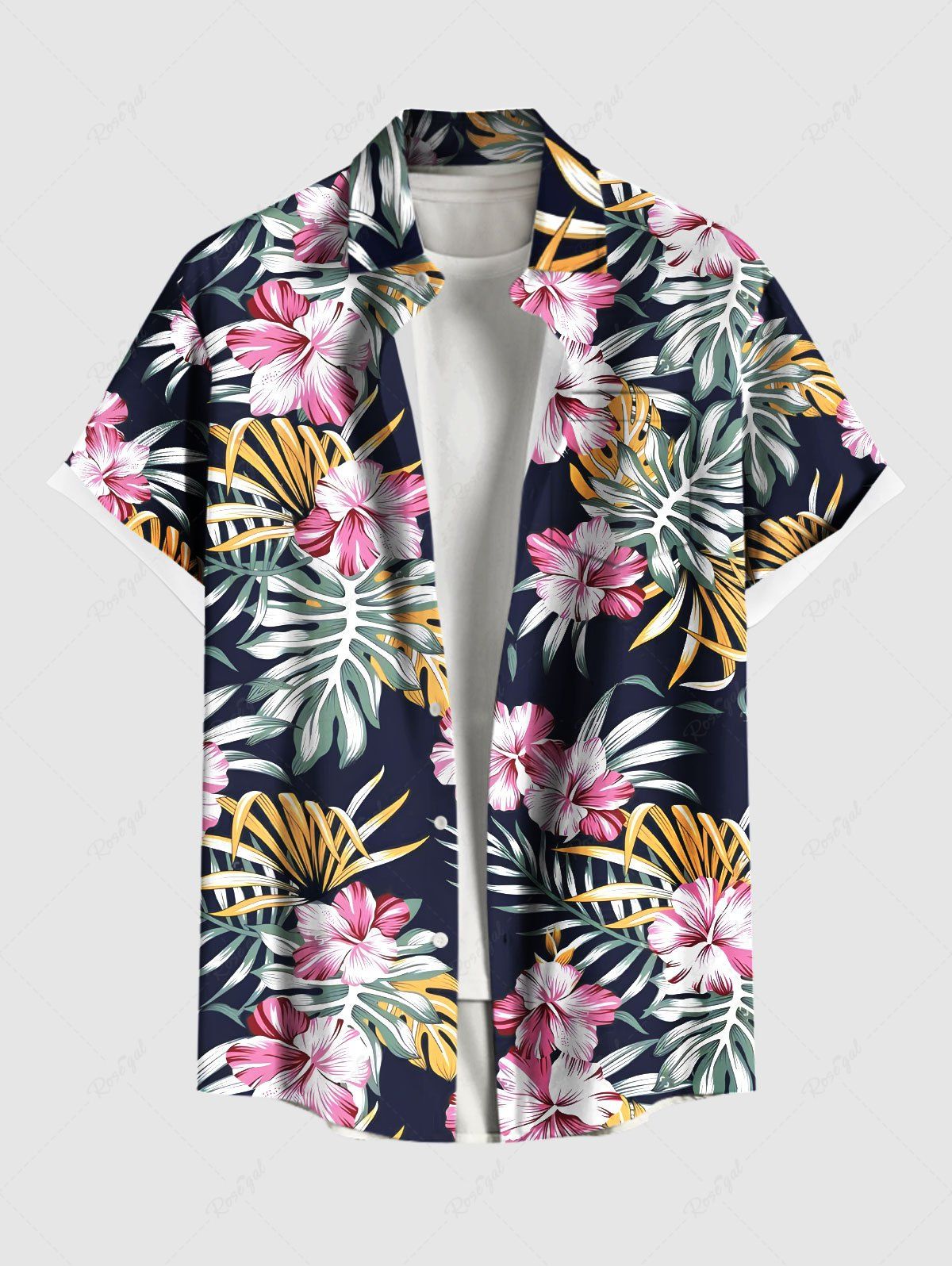 Chemise hawaïenne grande taille à imprimé feuilles tropicales et fleurs d'hibiscus pour homme Bleu profond 3XL