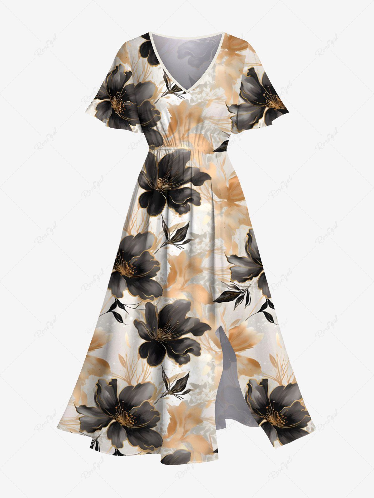 Robe mi-longue hawaïenne grande taille à imprimé floral ombré et poches fendues café lumière 6X