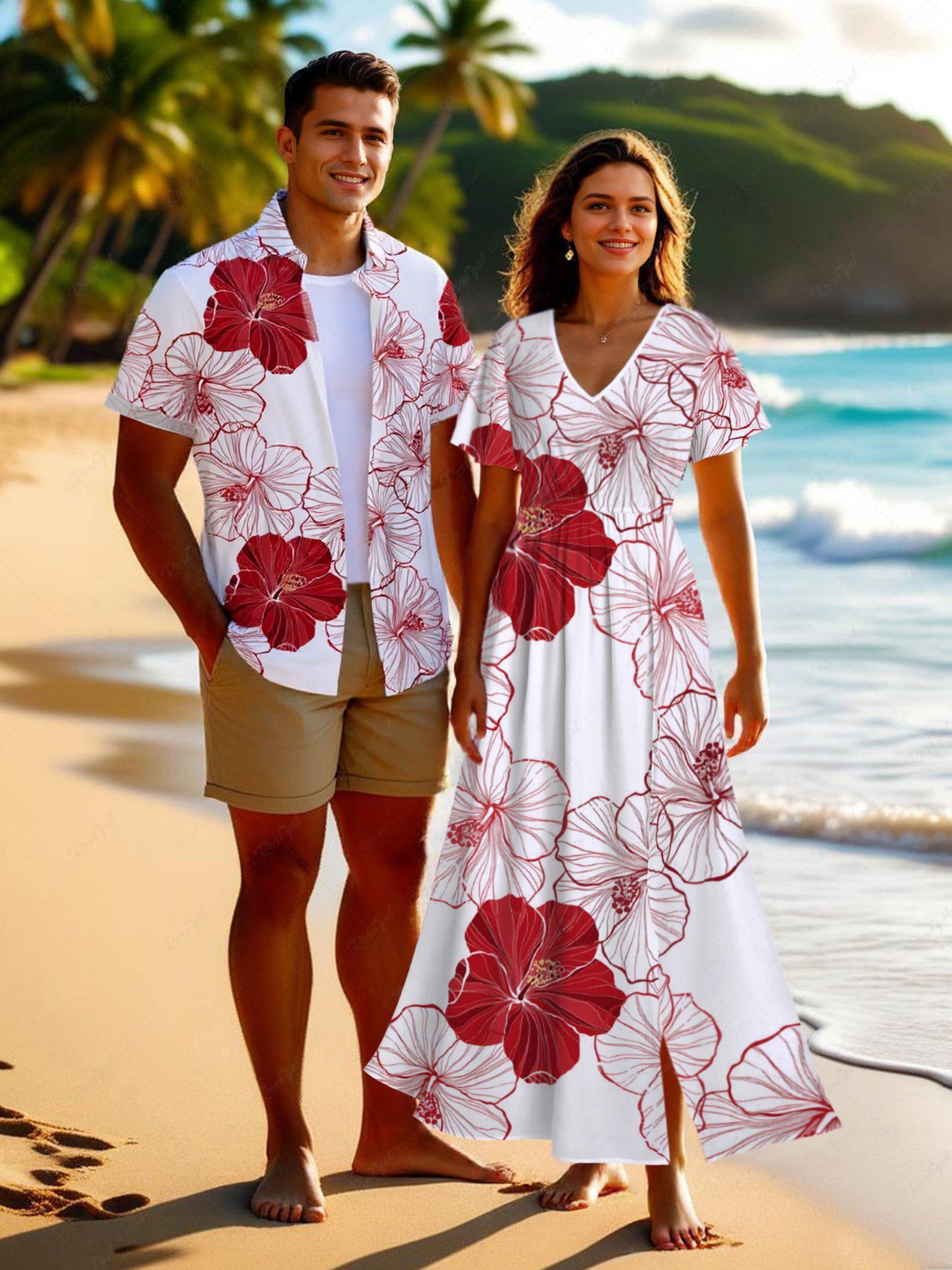 Tenue de plage hawaïenne assortie grande taille à imprimé floral d'hibiscus texturé pour couples Rouge 