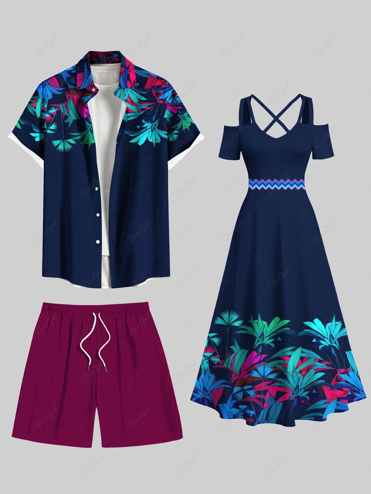 Cheap Tropical Leaf Print Plus Size Matching Hawaii Beach Outfit For Couples  