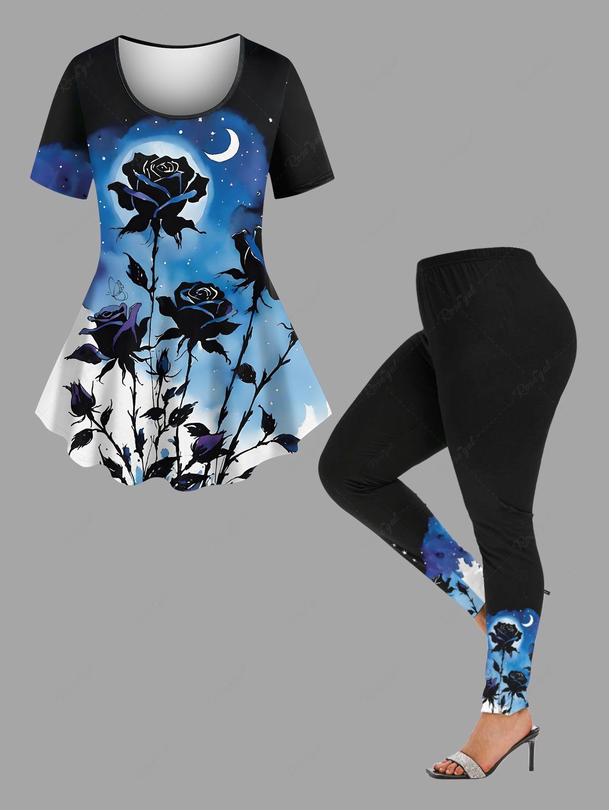 Store Rose Flower Moon Star Galaxy Print T-shirt and Leggings Plus Size Matching Set  