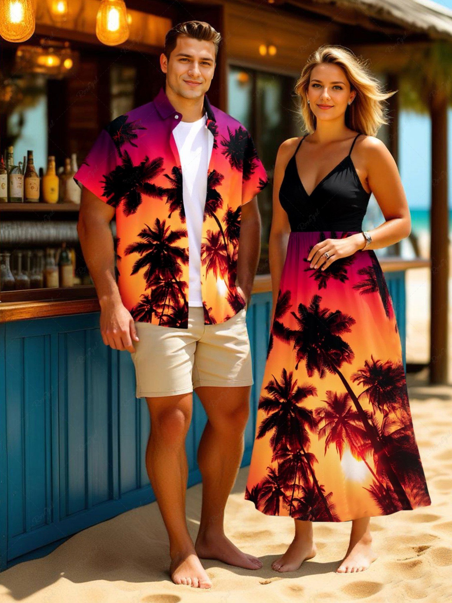 Tenue de plage hawaïenne assortie grande taille, motif cocotier, imprimé coucher de soleil ombré, pour couples Orange 
