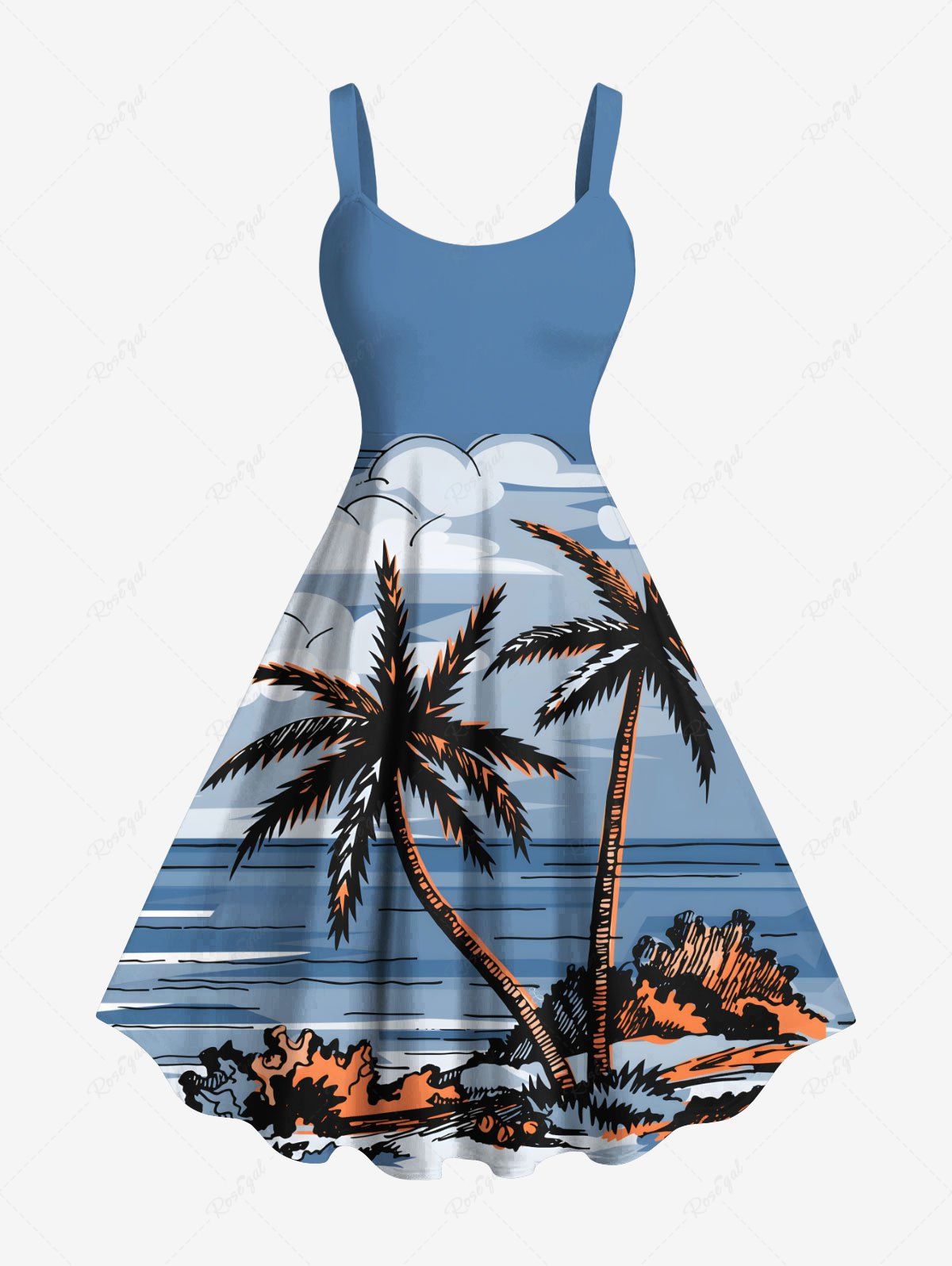 Robe débardeur hawaïenne grande taille à imprimé cocotiers, nuages et paysage marin Bleu clair XXS