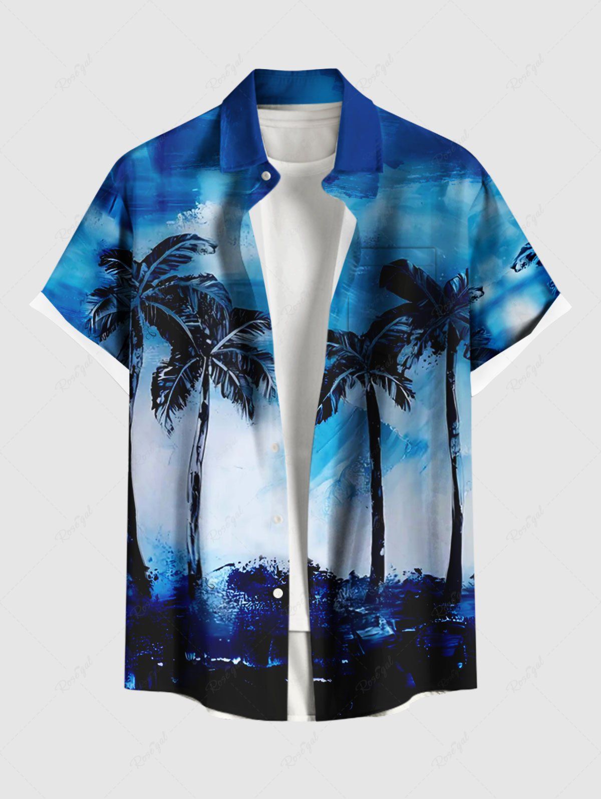 Trendy Plus Size Coconut Tree Tie Dye Oil Painting Print Buttons Pocket Hawaii Shirt For Men  