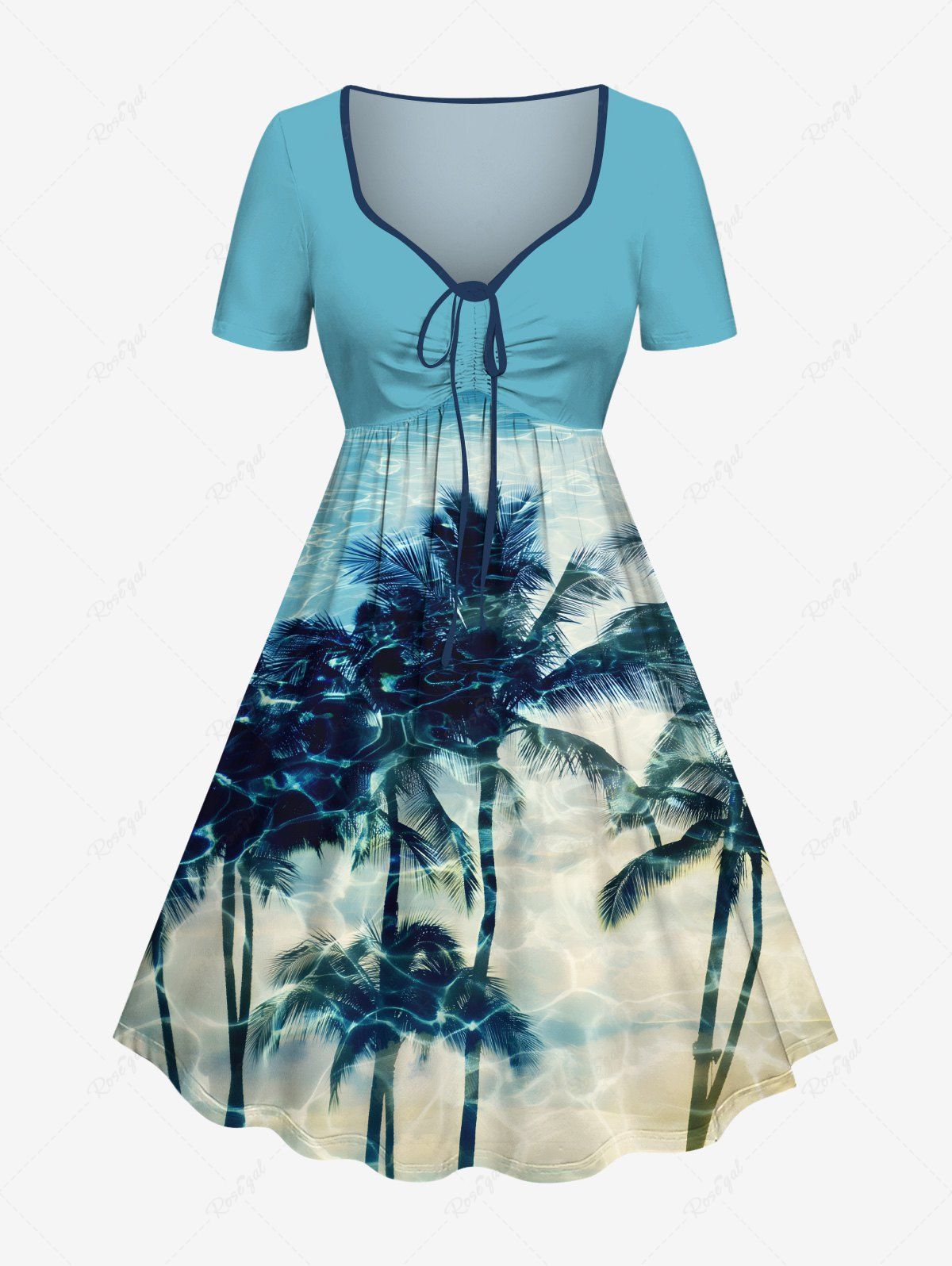 Robe hawaïenne cintrée grande taille à imprimé cocotiers et ondulations d'eau Vert clair 6X