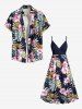 Tenue de plage hawaïenne assortie grande taille à imprimé feuilles tropicales et fleurs d'hibiscus pour couples - Bleu profond 